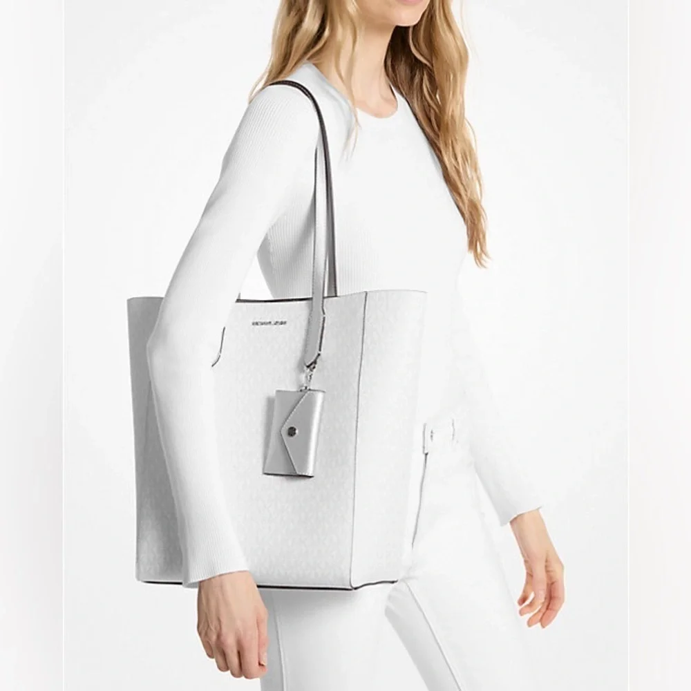 NWT MICHAEL Michael Kors Vincent Large Logo Tote Bag With Card Case Ivory